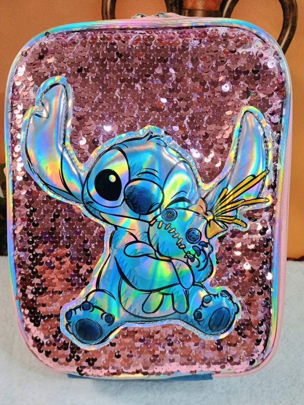 EUC Kids Disney Stitch 'Hug It Out' Pink Sequin Holographic Insulated Lunch Bag